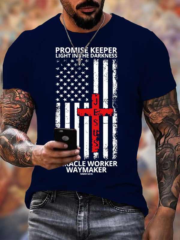 Waymaker Promise Keeper Miracle Worker American Flag Faith In Our Lord Jesus God Christian Cotton T-Shirt