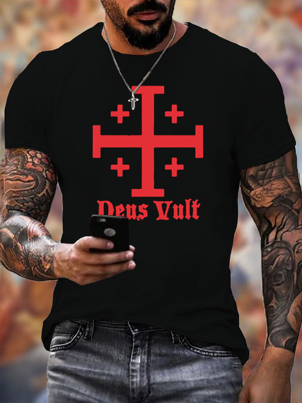Jerusalem Cross Deus Vult Jesus God Christian Cotton T-Shirt