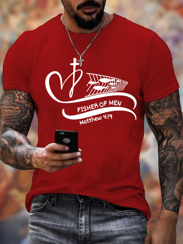 Man Of God, Fisher Of Men Matthew 4:19 Cross Faith Jesus God Christian Cotton T-Shirt