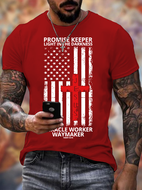 Waymaker Promise Keeper Miracle Worker American Flag Faith In Our Lord Jesus God Christian Cotton T-Shirt