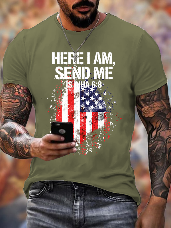 Here I Am Send Me American Flag Cross Isaiah 6 ：8 Jesus God Christian Cotton T-Shirt