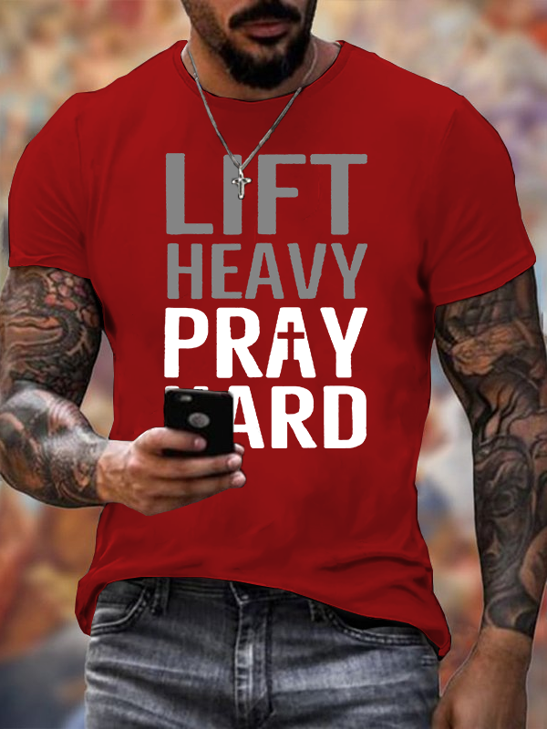 Lift Heavy, Pray Hard Jesus God Christian Cotton T-Shirt