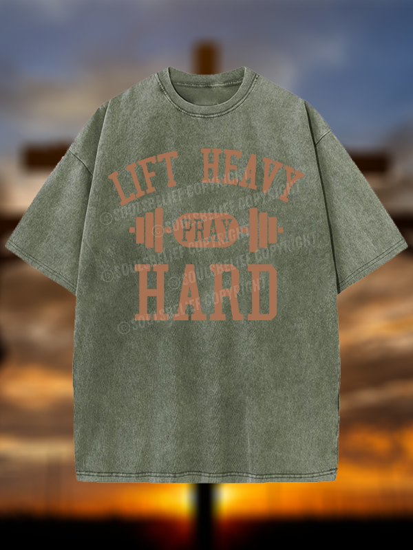 Lift Heavy Pray Hard Jesus God Christian Washed T-Shirt
