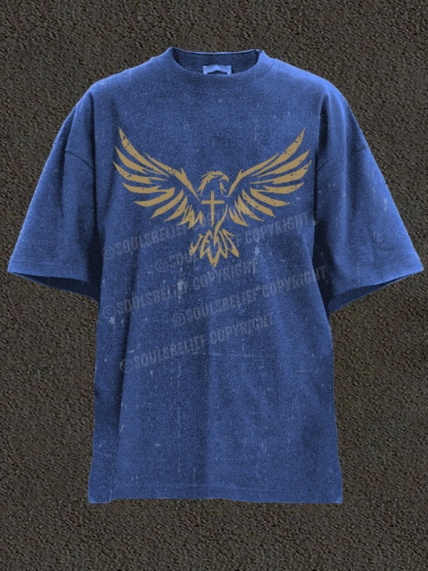 Wings Like Eagles Cross Christian Washed T-Shirt
