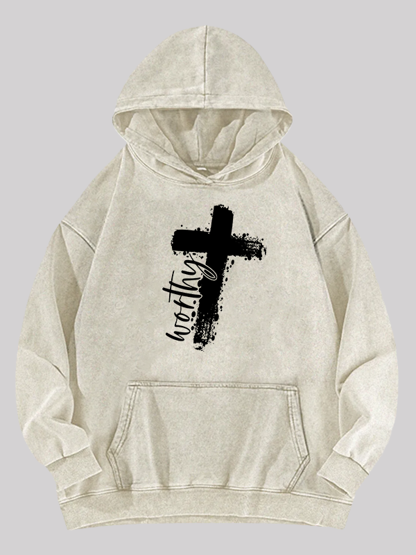Worthy Cross  Jesus God Christian Washed Hoodie