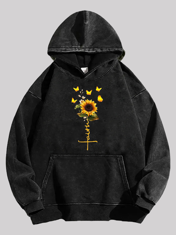 Sunflower Faith Religious Jesus God Christian Washed Hoodie