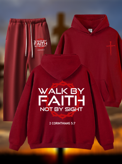 Walk By Faith Not By Sight 2 Corinthians 5:7 Cross  Jesus God Christian Plush Fleece-Lined Hoodie Set
