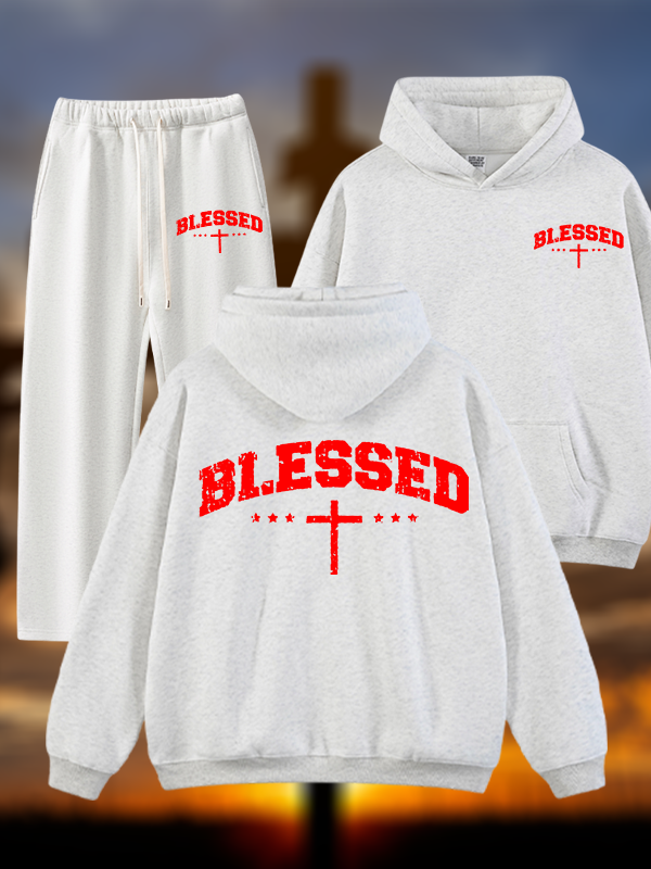 Blessed Cross Jesus God Christian Plush Fleece-Lined Hoodie Set