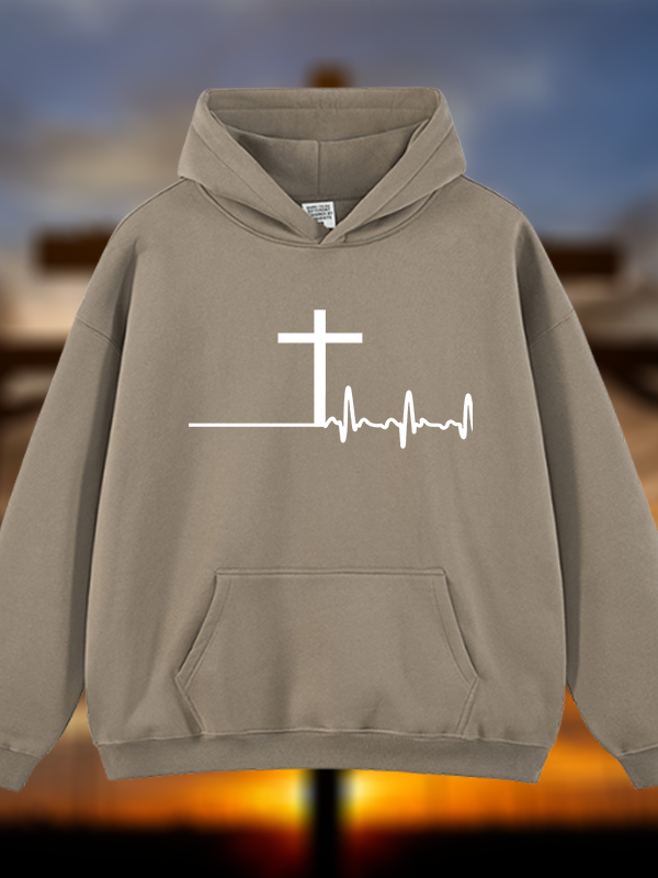 ECG Cross Jesus God Christian Plush Fleece-Lined Hoodie