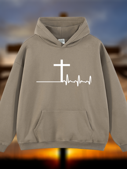 ECG Cross Jesus God Christian Plush Fleece-Lined Hoodie