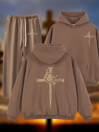 Cross Crown Jesus God Christian Plush Fleece-Lined Hoodie Set