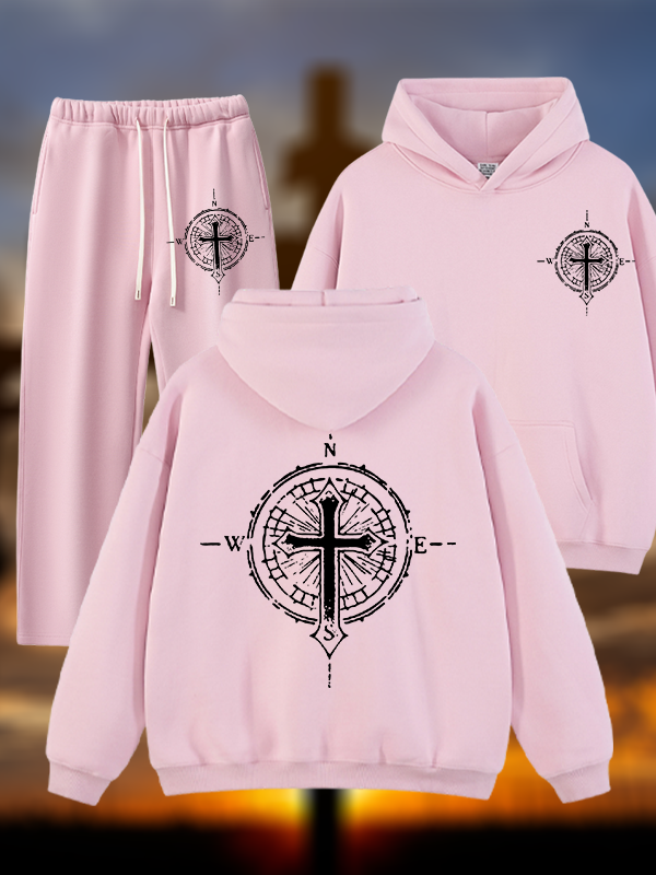 Cross Compass Jesus God Christian Plush Fleece-Lined Hoodie Set