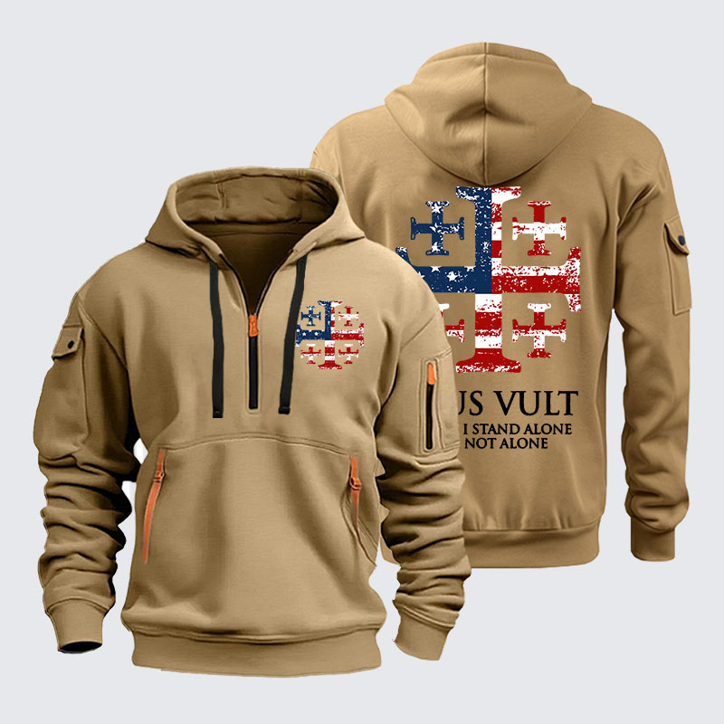 Zipper Hoodies -  Deus Vult Jerusalem Cross Usa Flag Even If I Stand Alone, I Am Not Alone