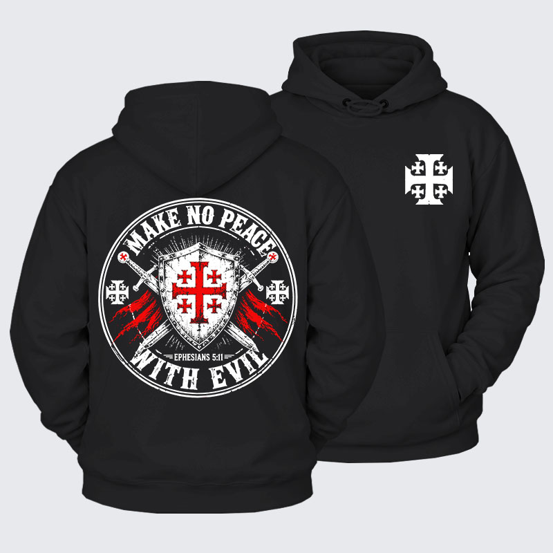 Plush Fleece-Lined Hoodie - Make No Peace with Evil Knight Templar Jerusalem Cross