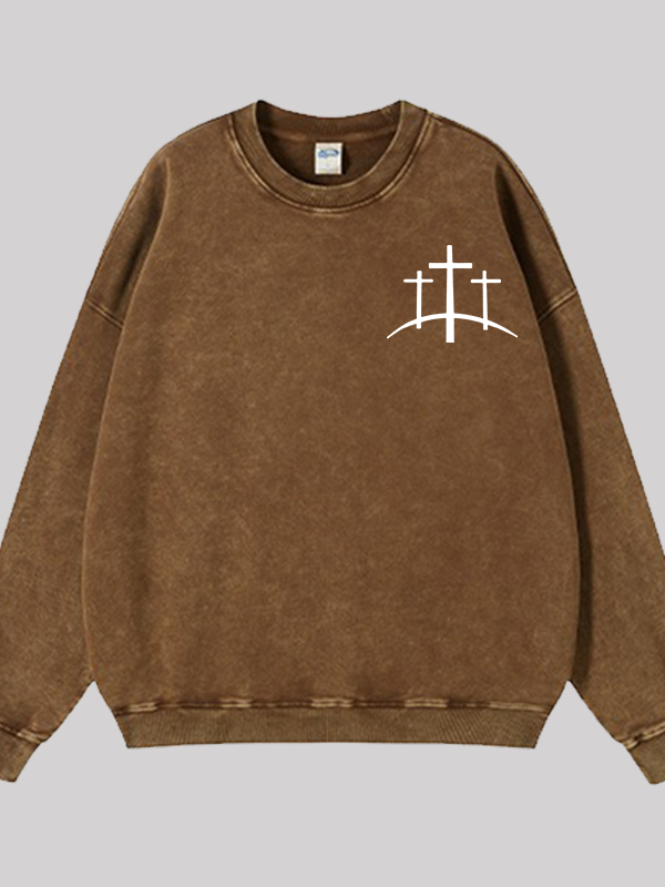 Cross Printed Jesus God Christian Washed Sweatshirt