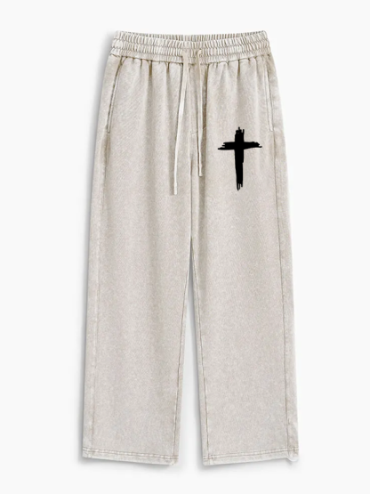 Cross Printed Jesus God Christian Washed Sweatpants