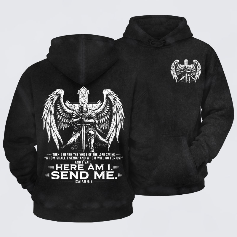 Washed Hoodie -   Here I Am Send Me Isaiah 6:8 Knight Templar Crusader