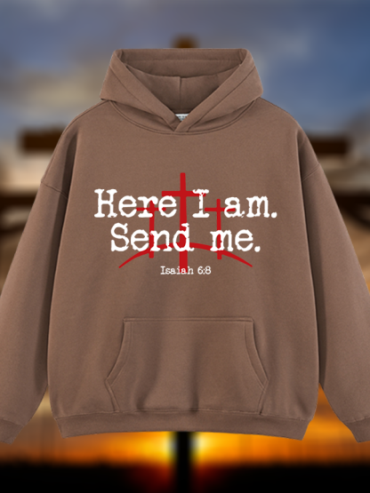 Here I Am Send Me - Bible Verse Isaiah 6:8  Jesus God Christian Plush Fleece-Lined Hoodie