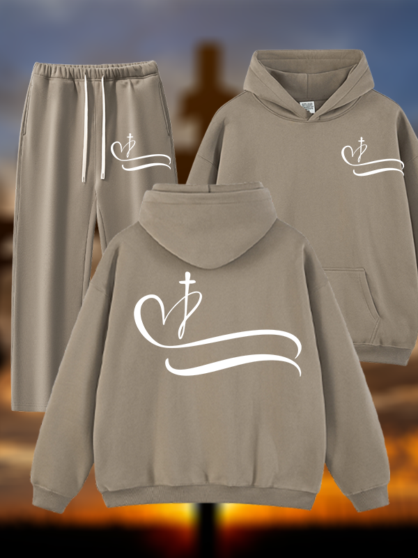Heart Cross Jesus God Christian Plush Fleece-Lined Hoodie Set