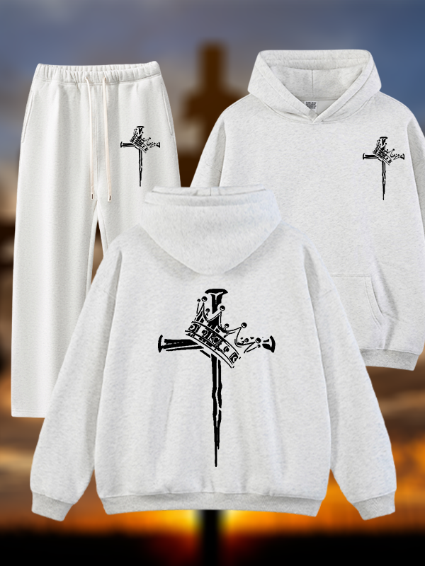 Cross Crown Jesus God Christian Plush Fleece-Lined Hoodie Set