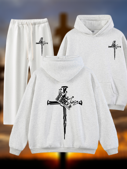 Cross Crown Jesus God Christian Plush Fleece-Lined Hoodie Set