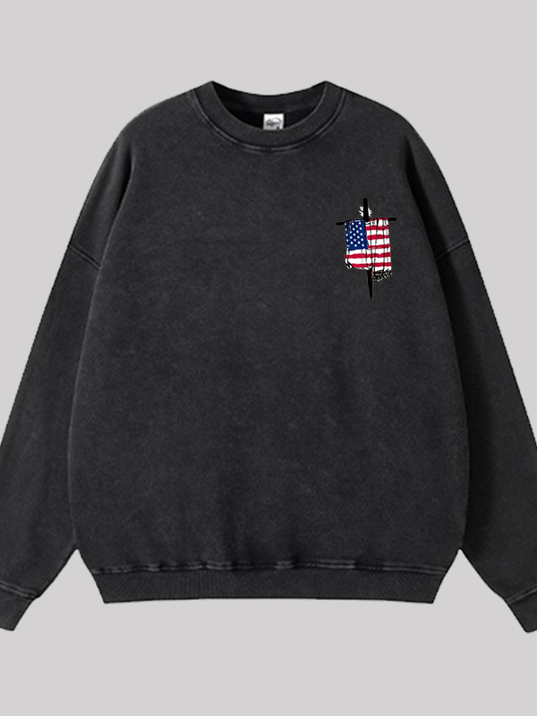 Faith Flag Cross Print  Jesus God Christian Washed Sweatshirt