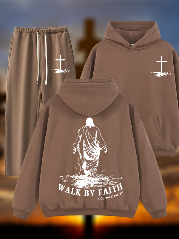 Walk by Faith Jesus God Christian Plush Fleece-Lined Hoodie Set