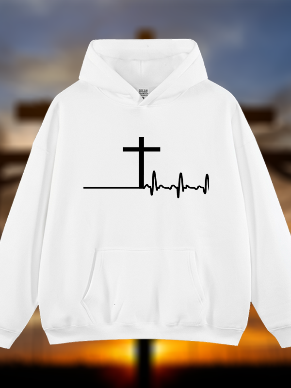 ECG Cross Jesus God Christian Plush Fleece-Lined Hoodie