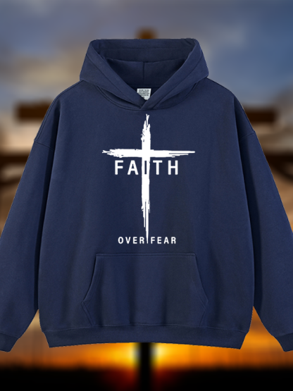 Faith Over Fear Cross Jesus God Christian Plush Fleece-Lined Hoodie