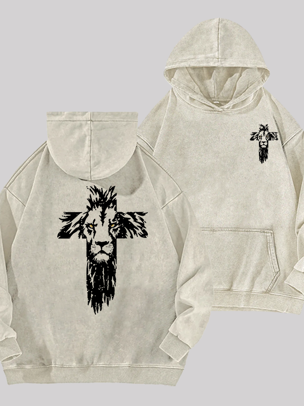 Lion Cross  Jesus God Christian Washed Hoodie