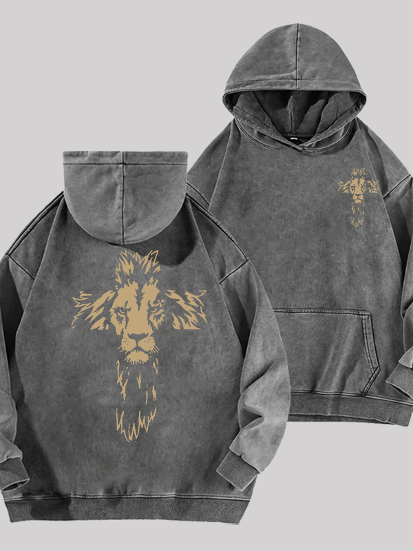 Lion Cross  Jesus God Christian Washed Hoodie