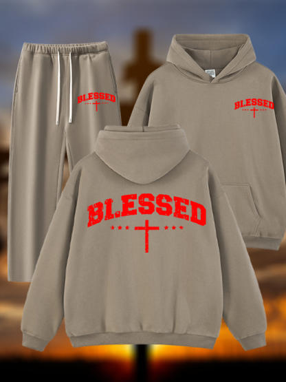 Blessed Cross Jesus God Christian Plush Fleece-Lined Hoodie Set