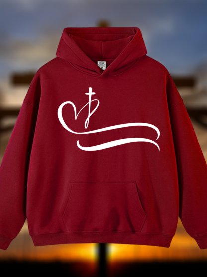Heart Cross  Jesus God Christian Plush Fleece-Lined Hoodie