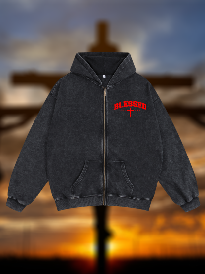 Blessed Cross Jesus God Christian Washed Zip-Up Hoodie