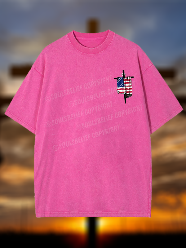 Faith Flag Cross Jesus God Christian Washed T-Shirt