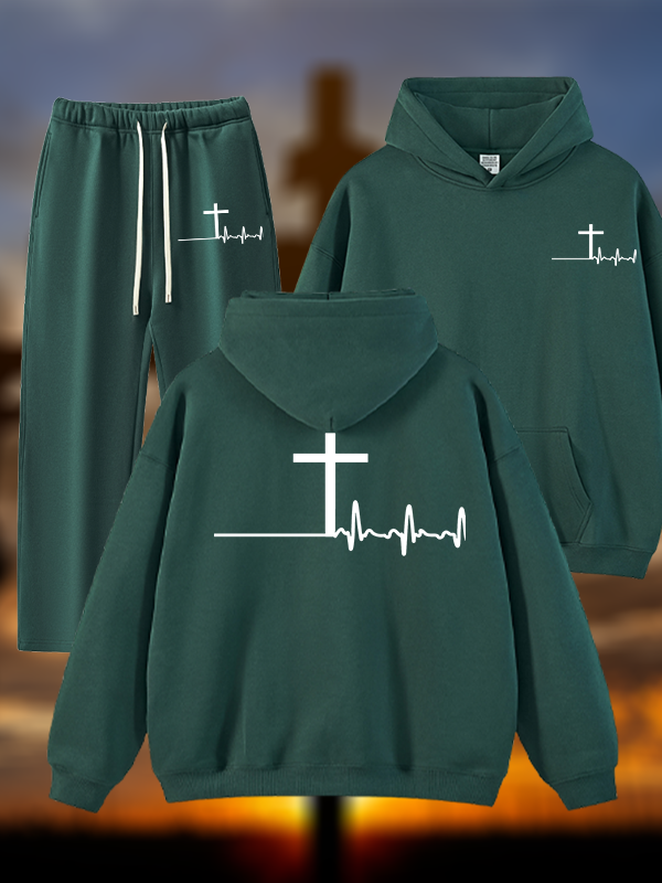 ECG Cross Jesus God Christian Plush Fleece-Lined Hoodie Set