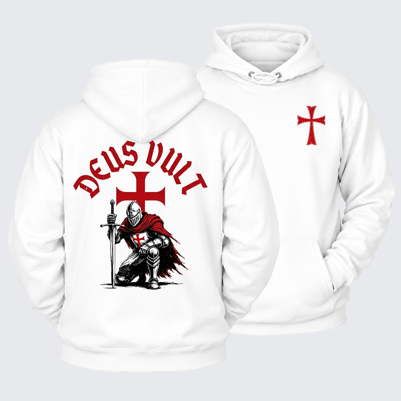 Plush Fleece-Lined Hoodie - Templar Knight Crusader Deus Vult