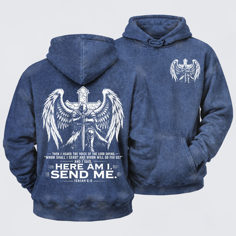 Washed Hoodie -   Here I Am Send Me Isaiah 6:8 Knight Templar Crusader