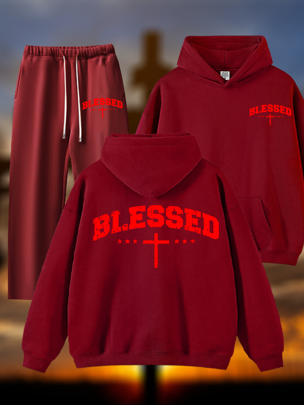 Blessed Cross Jesus God Christian Plush Fleece-Lined Hoodie Set