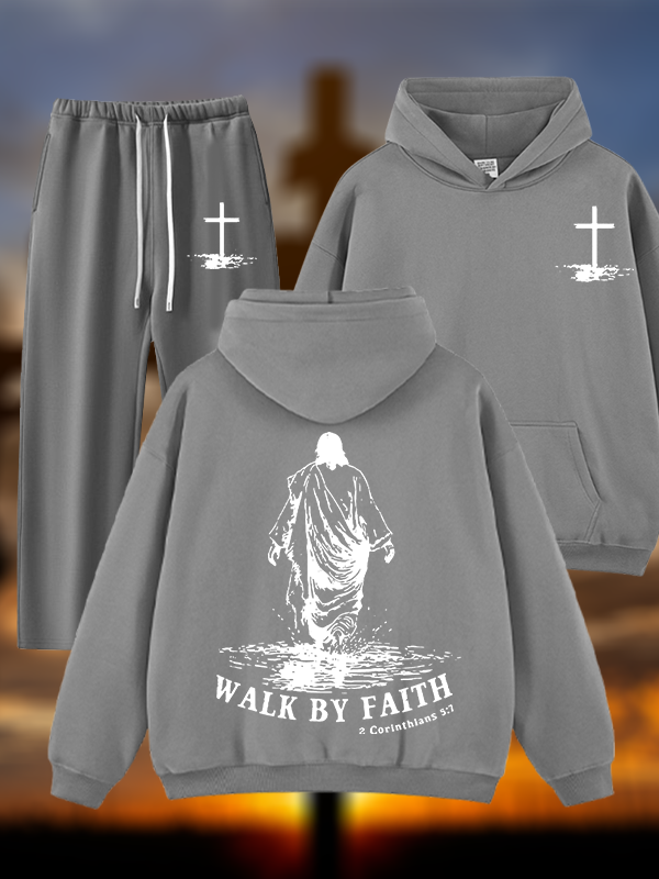 Walk by Faith Jesus God Christian Plush Fleece-Lined Hoodie Set
