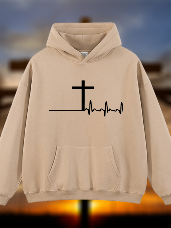 ECG Cross Jesus God Christian Plush Fleece-Lined Hoodie