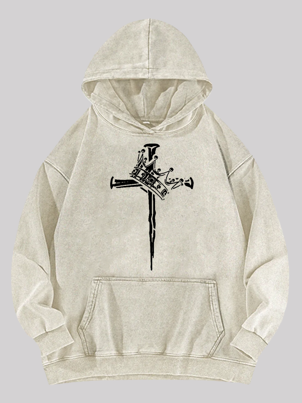 Cross Crown Jesus God Christian Washed Hoodie