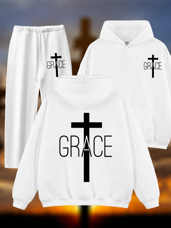 Grace Cross Jesus God Christian Plush Fleece-Lined Hoodie Set