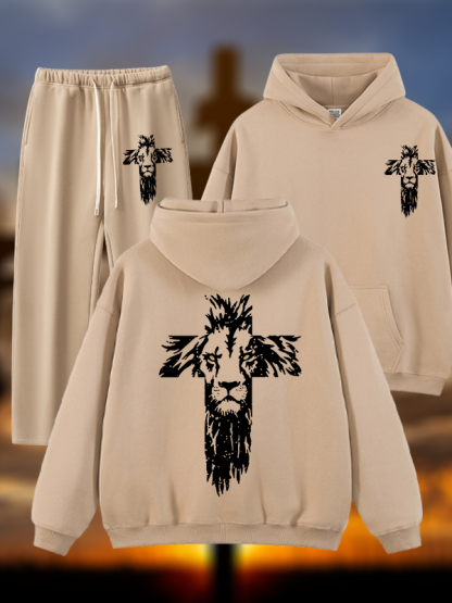 Lion Cross Jesus God Christian Plush Fleece-Lined Hoodie Set
