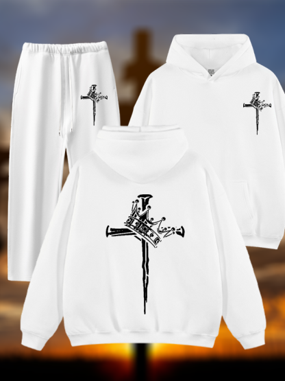 Cross Crown Jesus God Christian Plush Fleece-Lined Hoodie Set