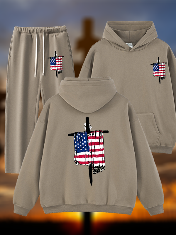 Faith Flag Cross Print Jesus God Christian Plush Fleece-Lined Hoodie Set
