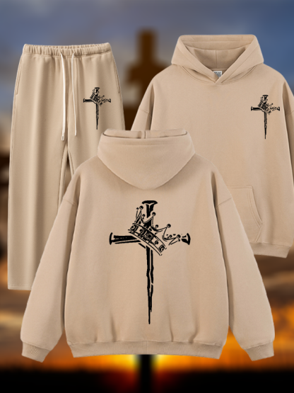 Cross Crown Jesus God Christian Plush Fleece-Lined Hoodie Set