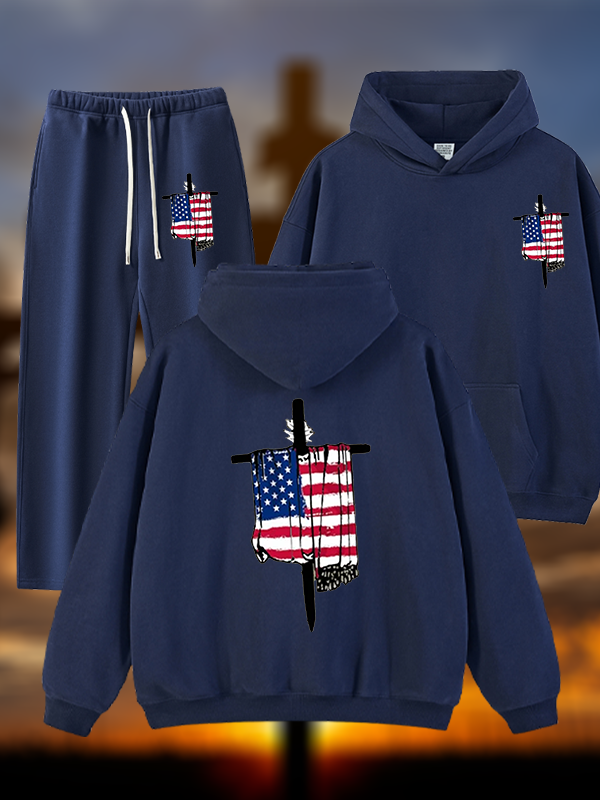 Faith Flag Cross Print Jesus God Christian Plush Fleece-Lined Hoodie Set