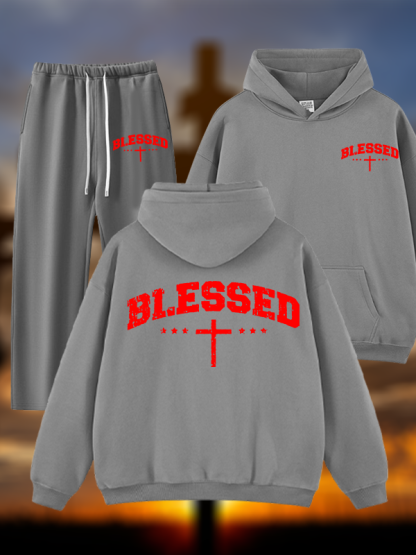 Blessed Cross Jesus God Christian Plush Fleece-Lined Hoodie Set