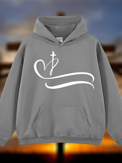 Heart Cross  Jesus God Christian Plush Fleece-Lined Hoodie